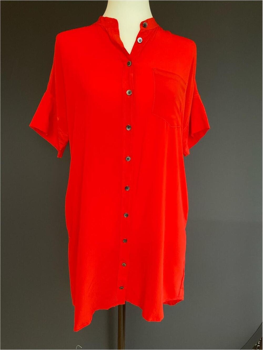 Madewell XS Red Silk Shirt Dress Oversized Mini 90s Minimalist Casual Rich Mom